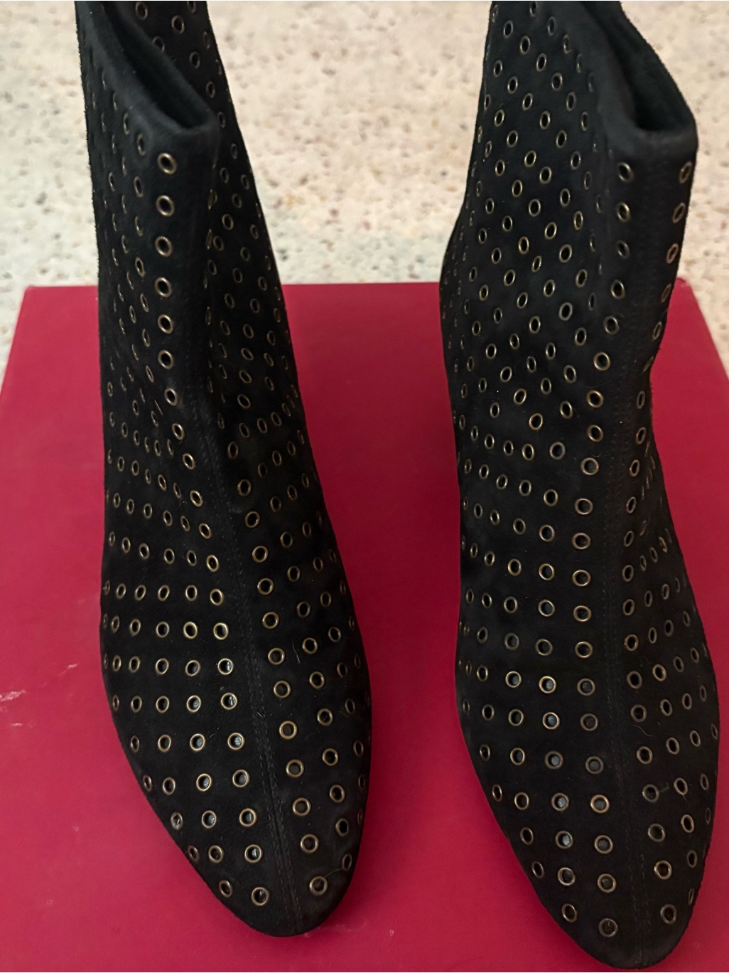 Vaneli Black Suede Ankle Boots With Gold Eyelets